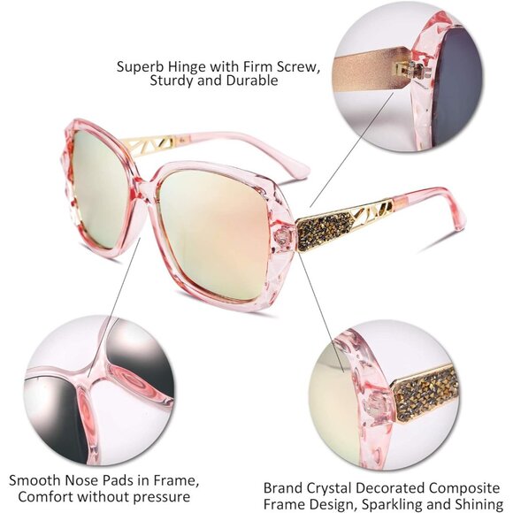 Women's Pink Crystal Square Sunglasses Sparkling Composite Shiny Frame Design - Picture 3 of 15